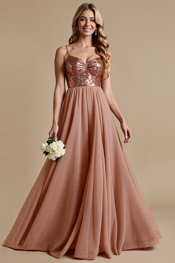 Sparkly Dusty Rose Sequins A Line Long Bridesmaid Dress